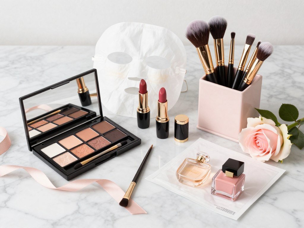 Curated beauty and makeup products arranged in bridesmaid proposal gift set with brushes and cosmetics