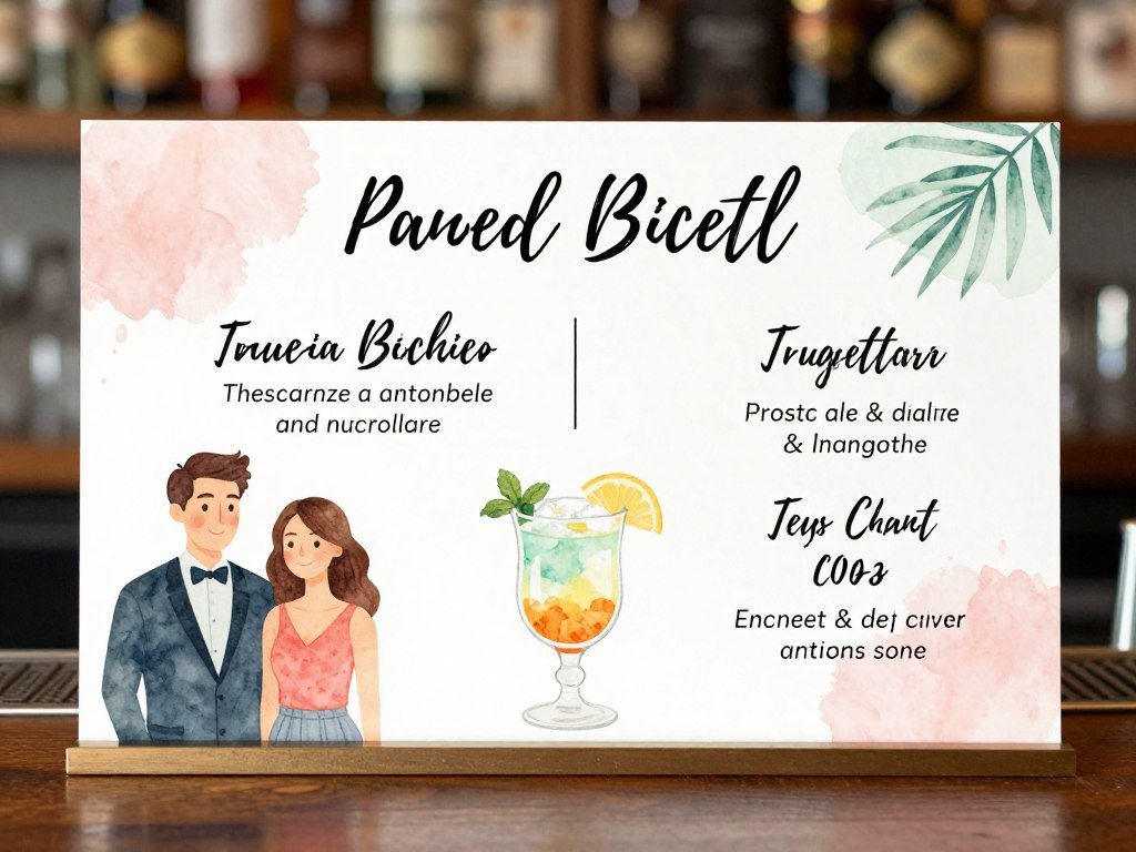 Custom cocktail sign with illustrated portraits of couple and their signature drinks