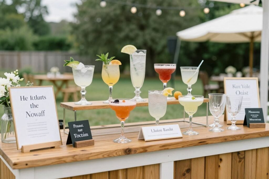 Custom cocktail station with signature drinks at backyard wedding