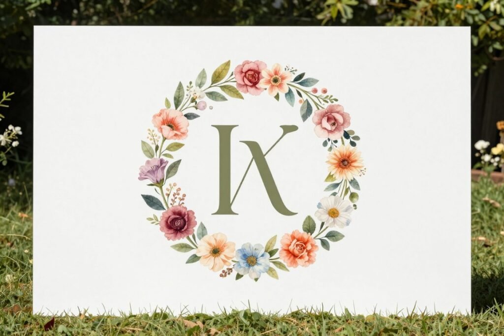 Custom monogram or wedding logo displayed at backyard wedding