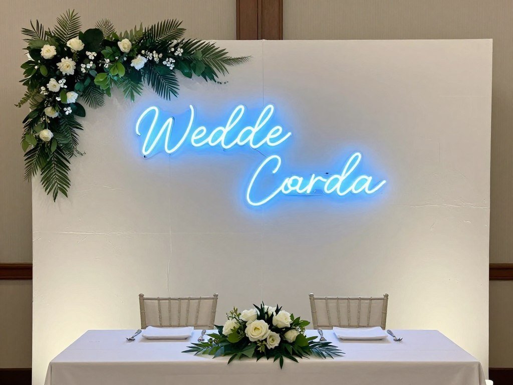 Custom neon sign backdrop for wedding head table with couple's names