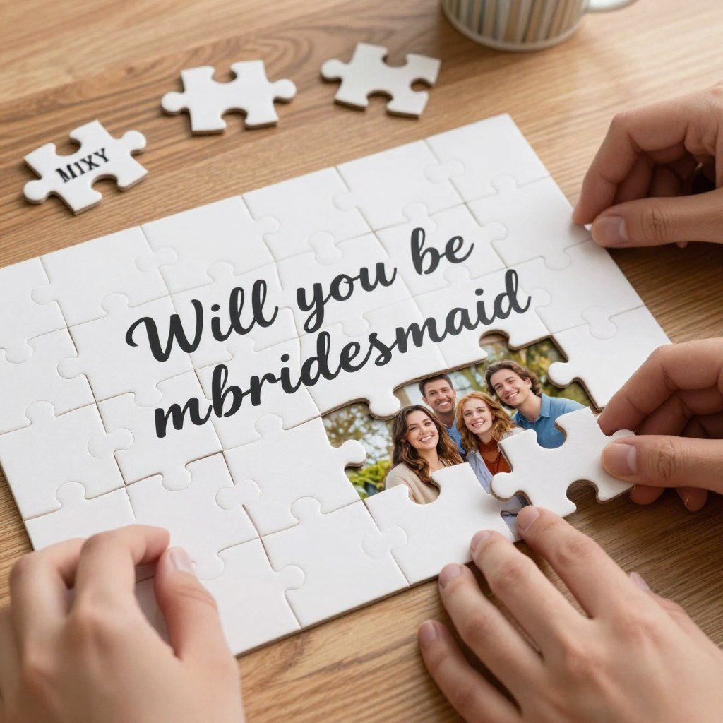 Custom puzzle bridesmaid proposal with pieces arranged to reveal question and photo
