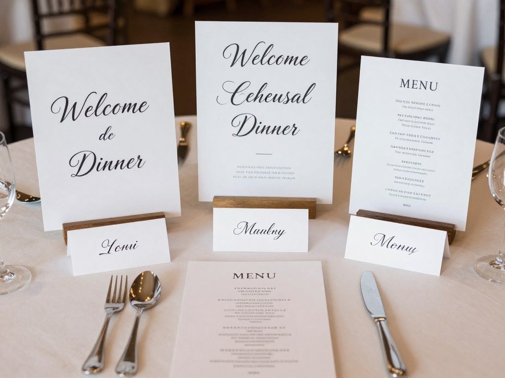 Custom signage and paper goods for rehearsal dinner including welcome signs, menus and place cards