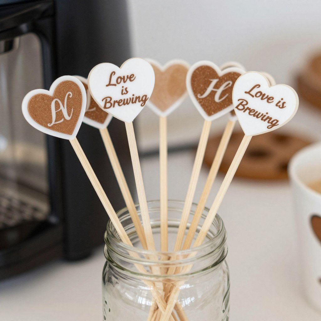 Custom stir sticks with hearts and bride's initials for love is brewing bridal shower