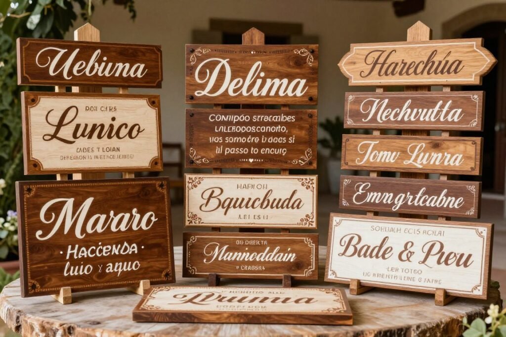 Custom wood signs with Spanish phrases and wedding details for hacienda wedding decor Custom wood signs with Spanish phrases and wedding details for hacienda wedding decor