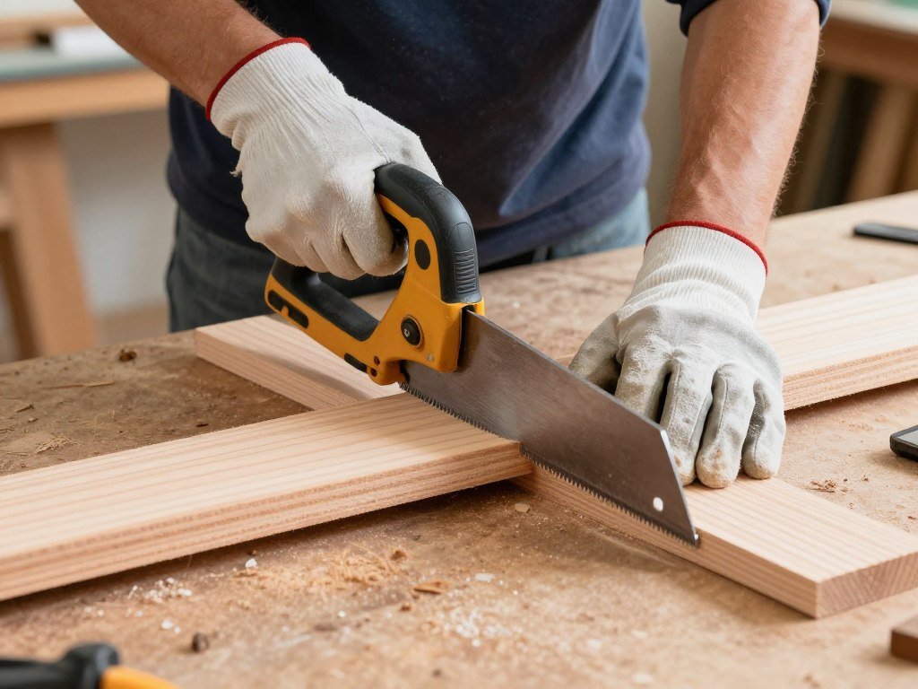 Cutting cedar boards with a saw for planter construction Cutting cedar boards with a saw for planter construction