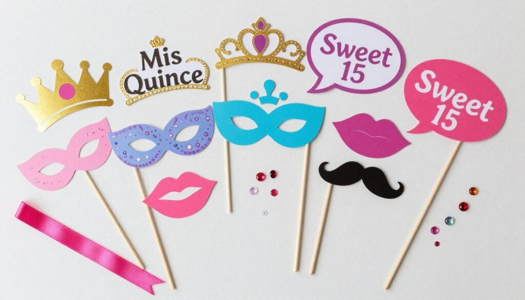 DIY Quinceañera photo booth props with themed elements like crowns, masks, and speech bubbles DIY Quinceañera photo booth props with themed elements like crowns, masks, and speech bubbles