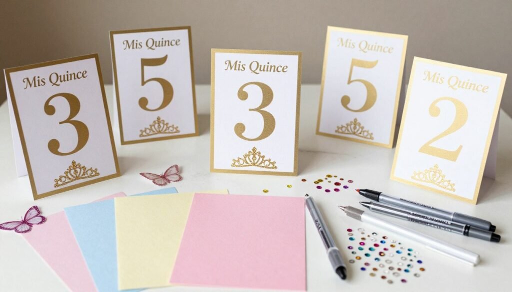 DIY Quinceañera table numbers or name cards with decorative elements matching the theme DIY Quinceañera table numbers or name cards with decorative elements matching the theme