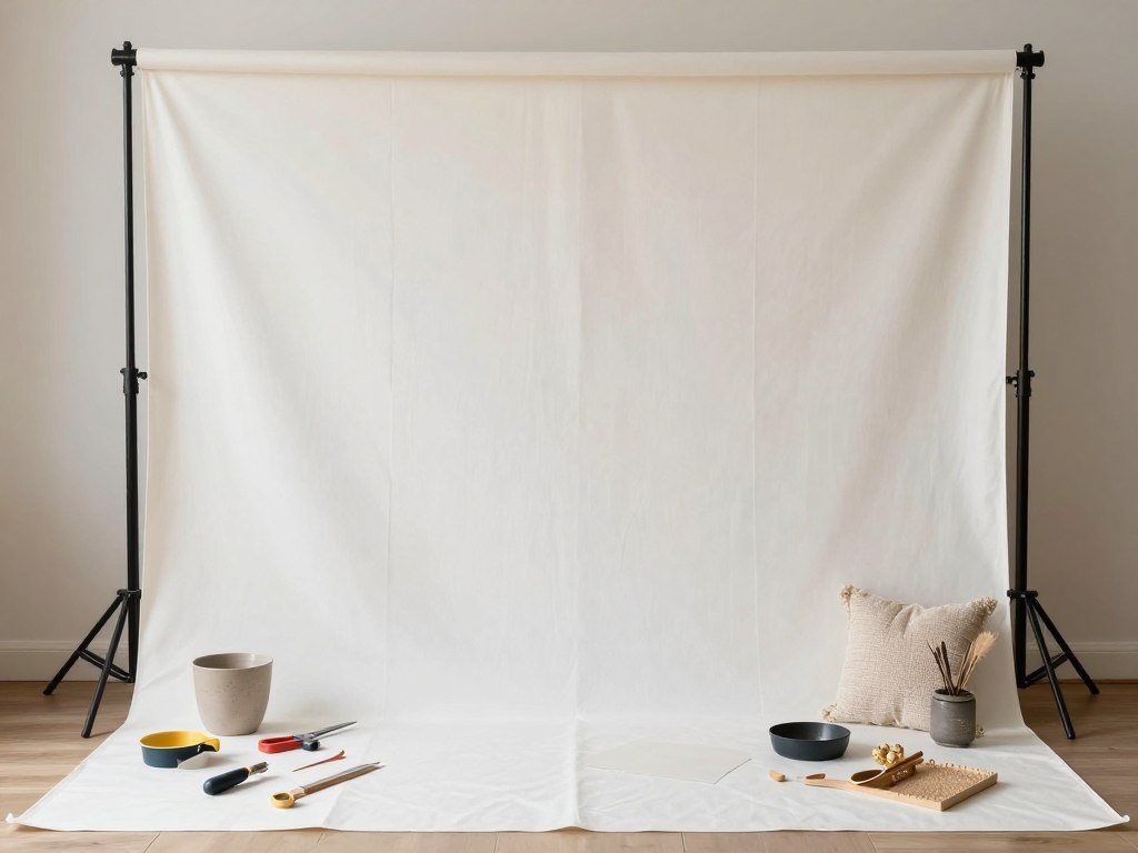 DIY backdrop decoration setup showing construction process with materials laid out