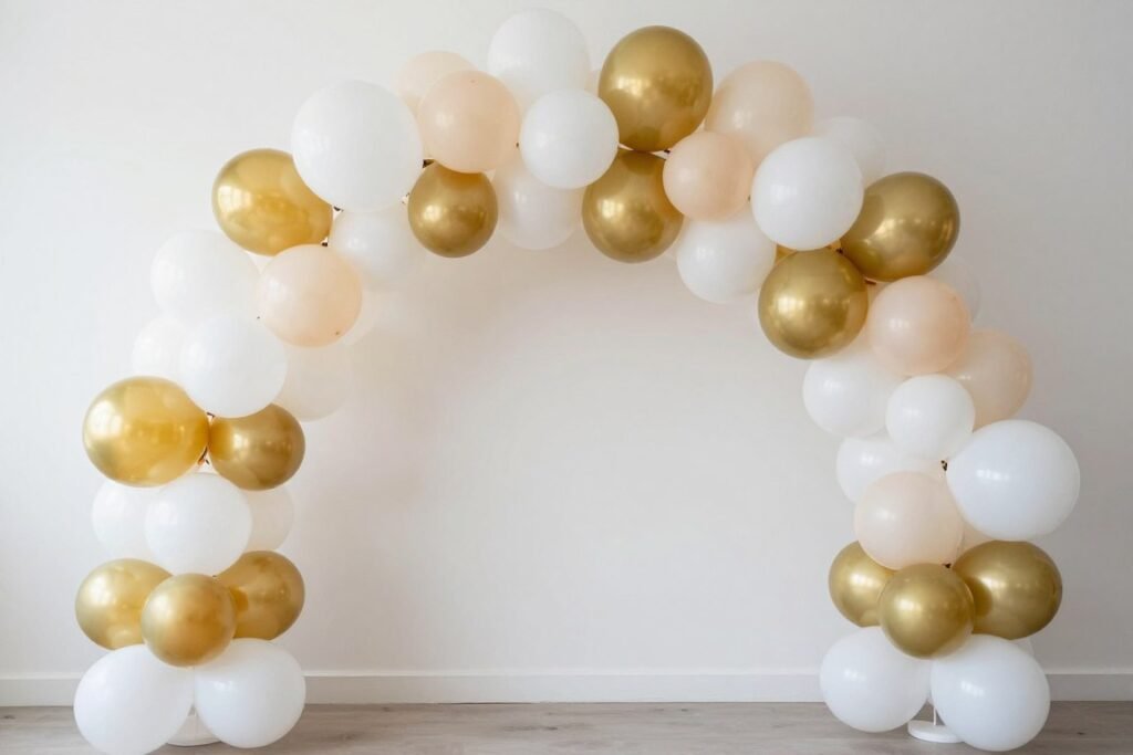 DIY balloon garland installation for engagement party in progress