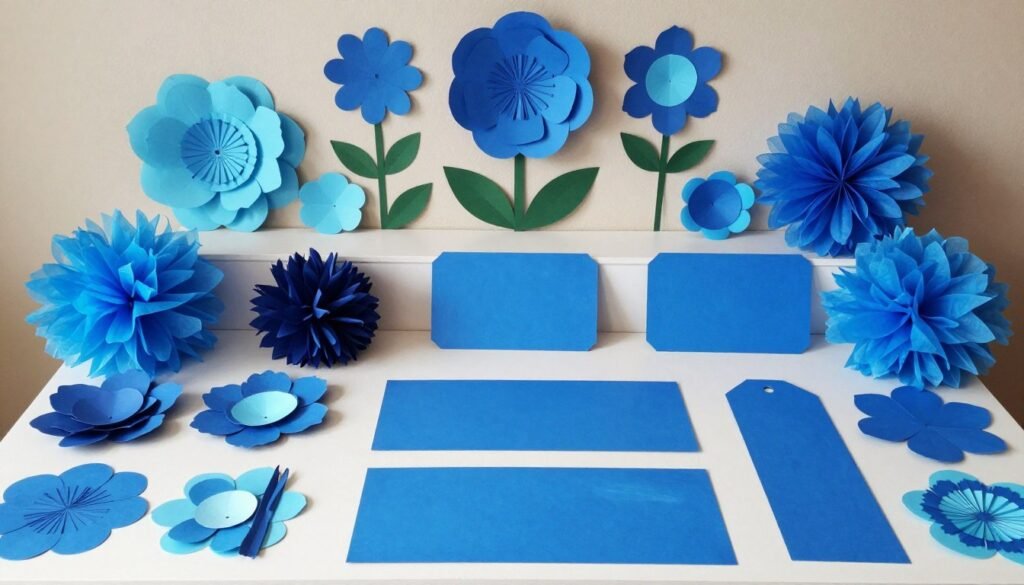 DIY blue paper flowers and handmade decorations arranged on crafting table