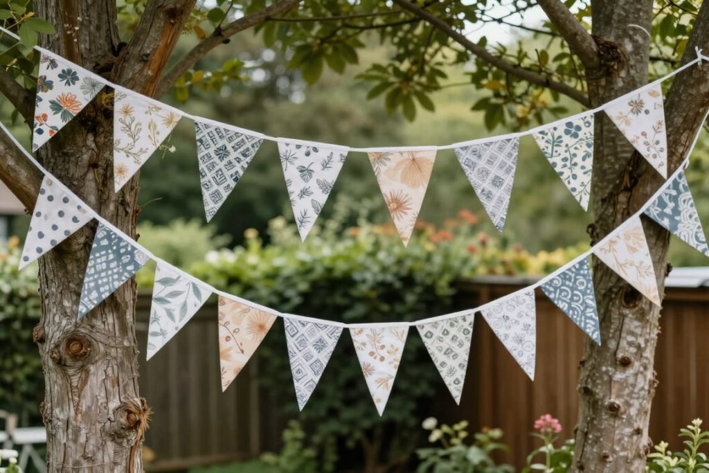 DIY bunting and fabric banners for backyard wedding
