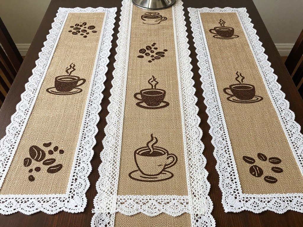 DIY burlap and lace table runners with coffee-themed stencils