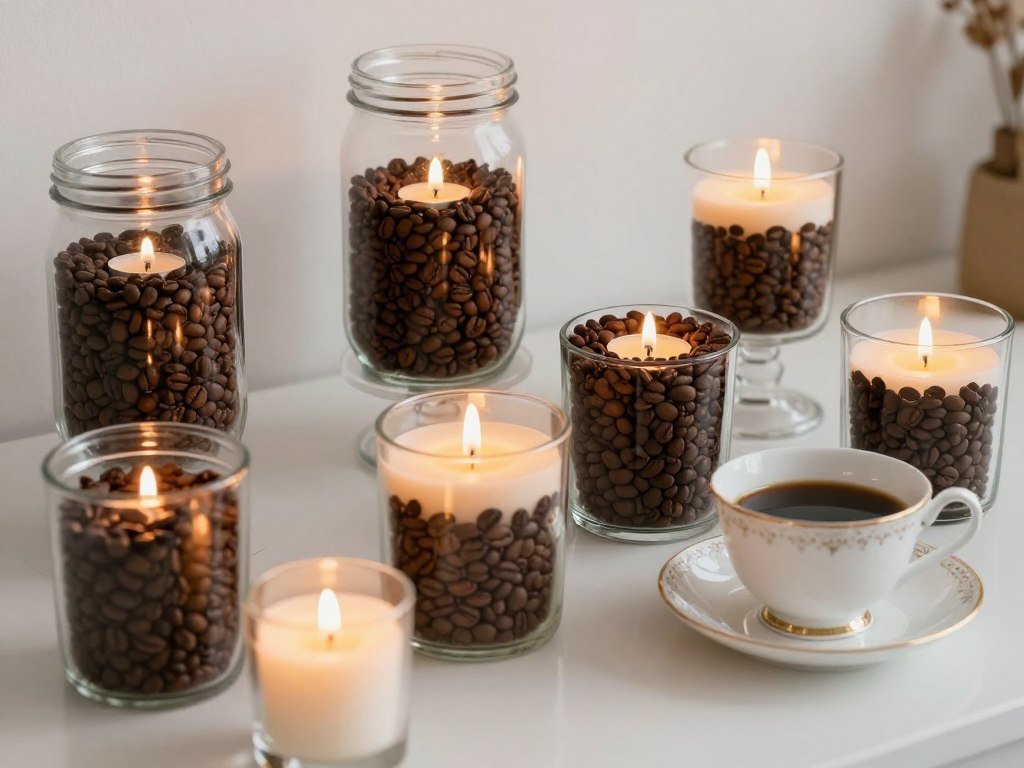 DIY coffee bean candles in various containers