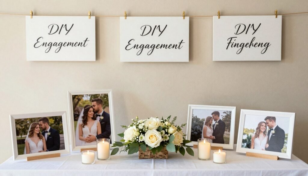 DIY engagement party decorations including handmade signs, photo displays, and centerpieces