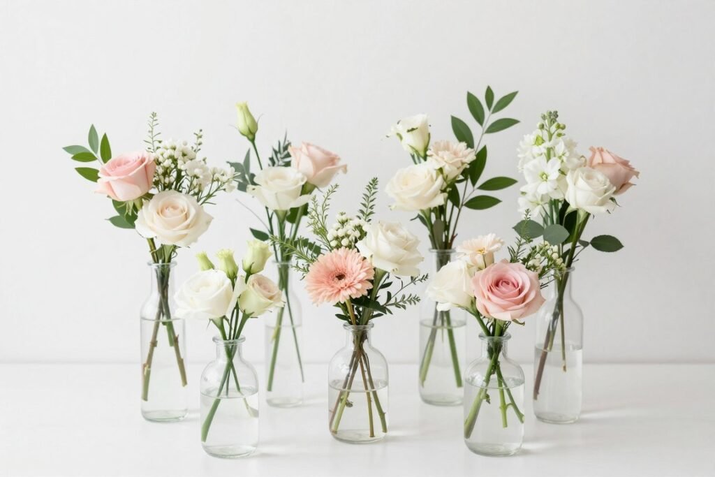 DIY engagement party floral arrangements with bud vases and simple blooms