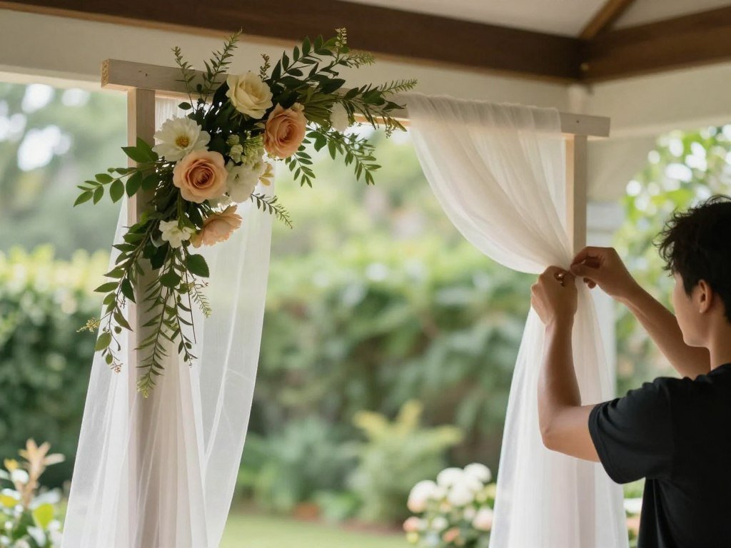 DIY fabric arch decoration wedding construction in progress