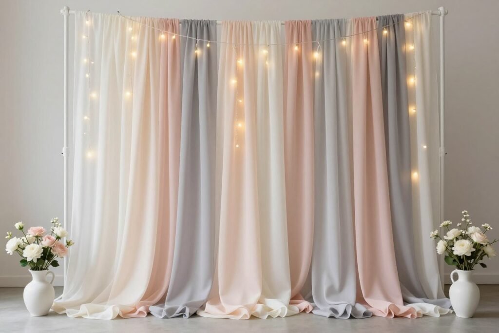DIY fabric backdrop with layers of chiffon and fairy lights