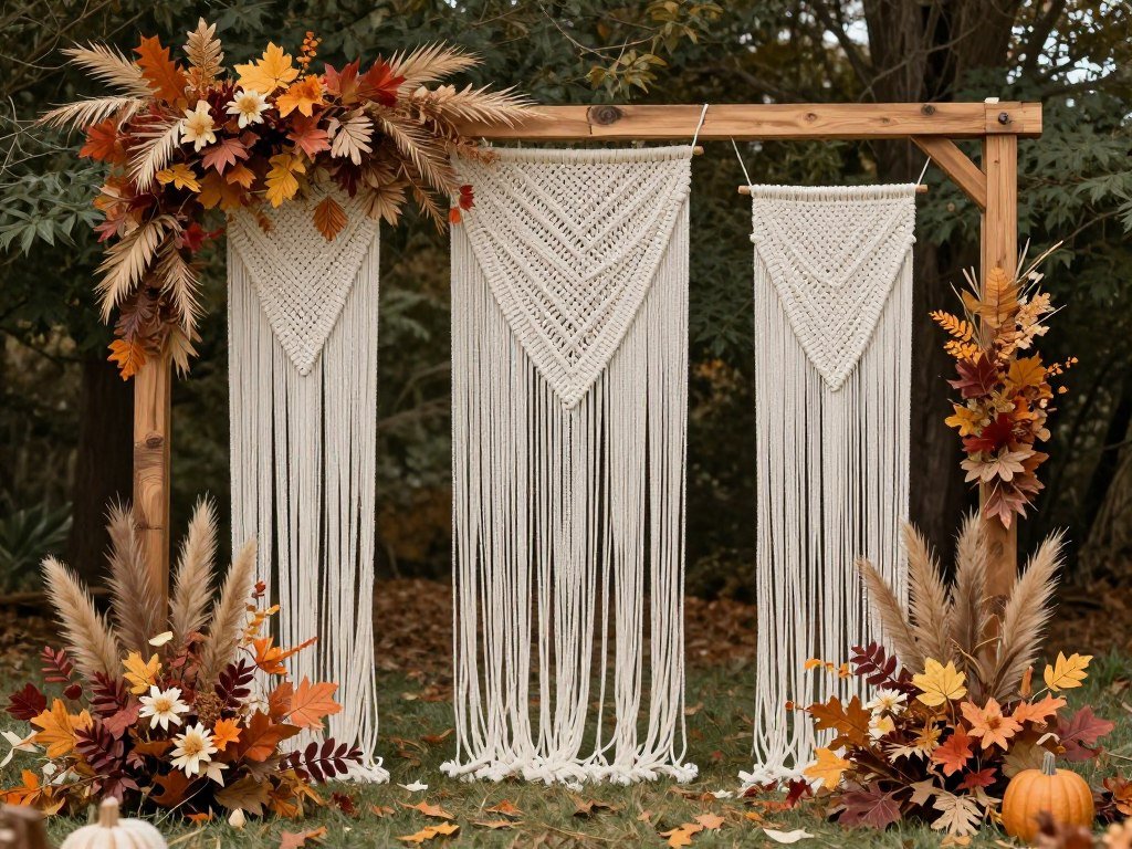 DIY fall wedding backdrop made with autumn foliage and wooden elements DIY fall wedding backdrop made with autumn foliage and wooden elements