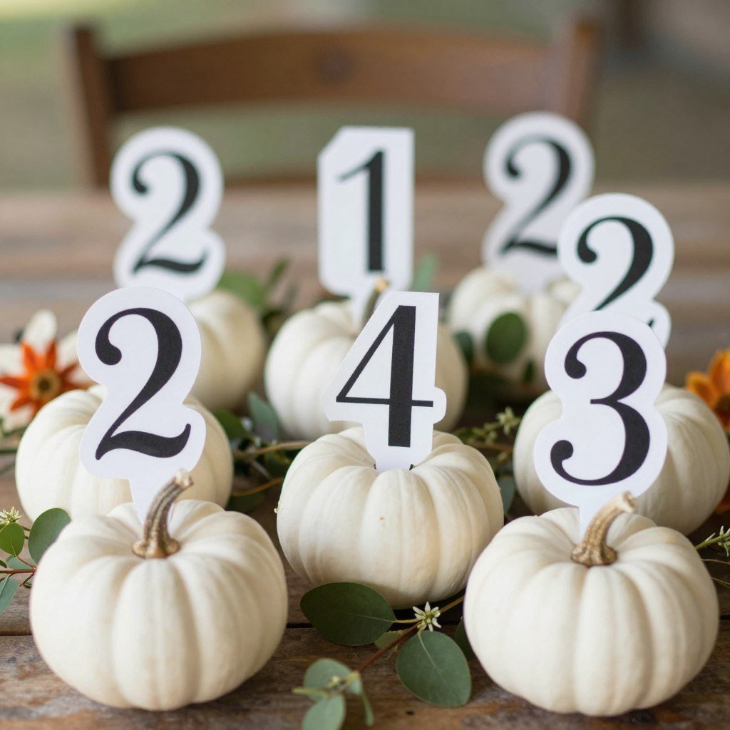 DIY fall wedding table numbers made with mini pumpkins and calligraphy DIY fall wedding table numbers made with mini pumpkins and calligraphy