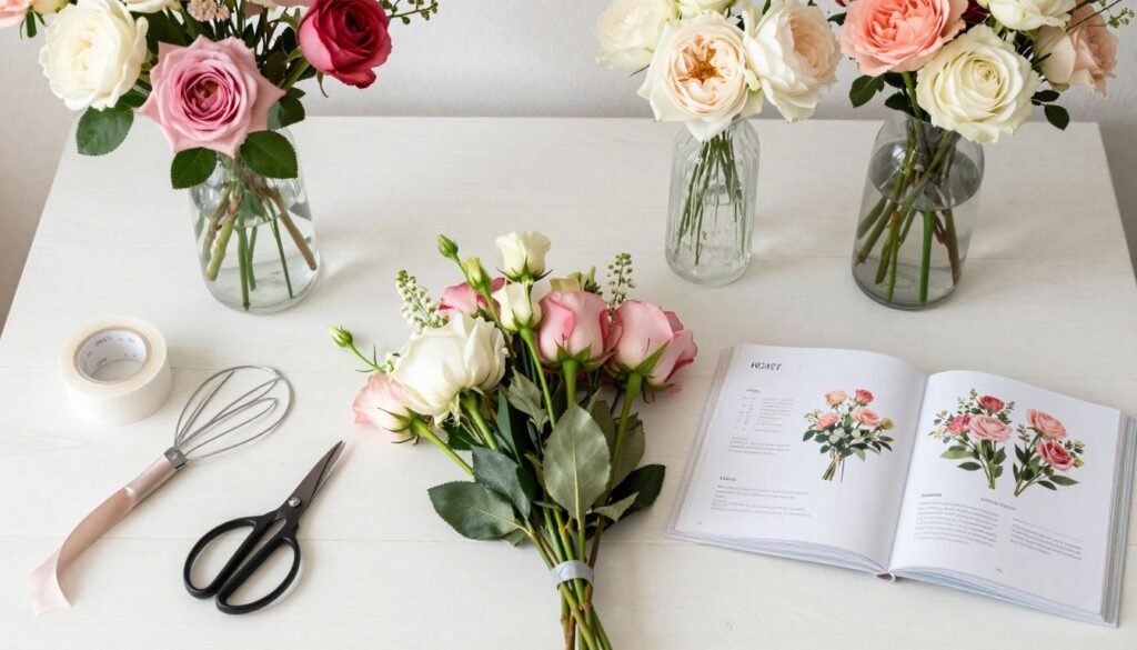 DIY flower arranging workspace and supplies