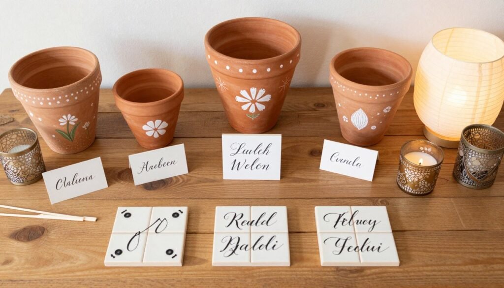 DIY hacienda wedding decor projects including painted terracotta pots and tile place cards DIY hacienda wedding decor projects including painted terracotta pots and tile place cards