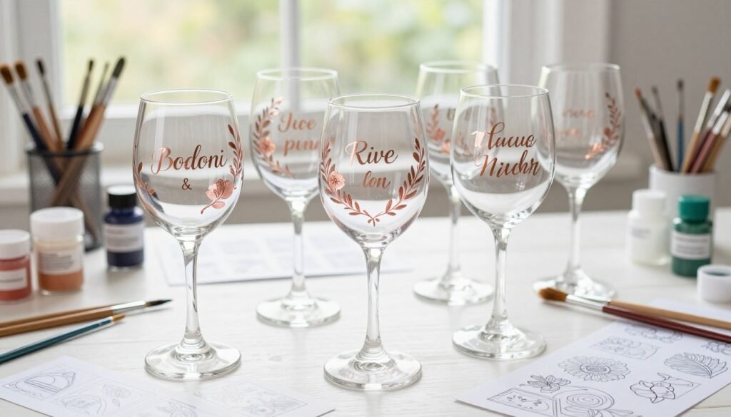 DIY hand-painted wine glasses for bridesmaid proposals with custom designs