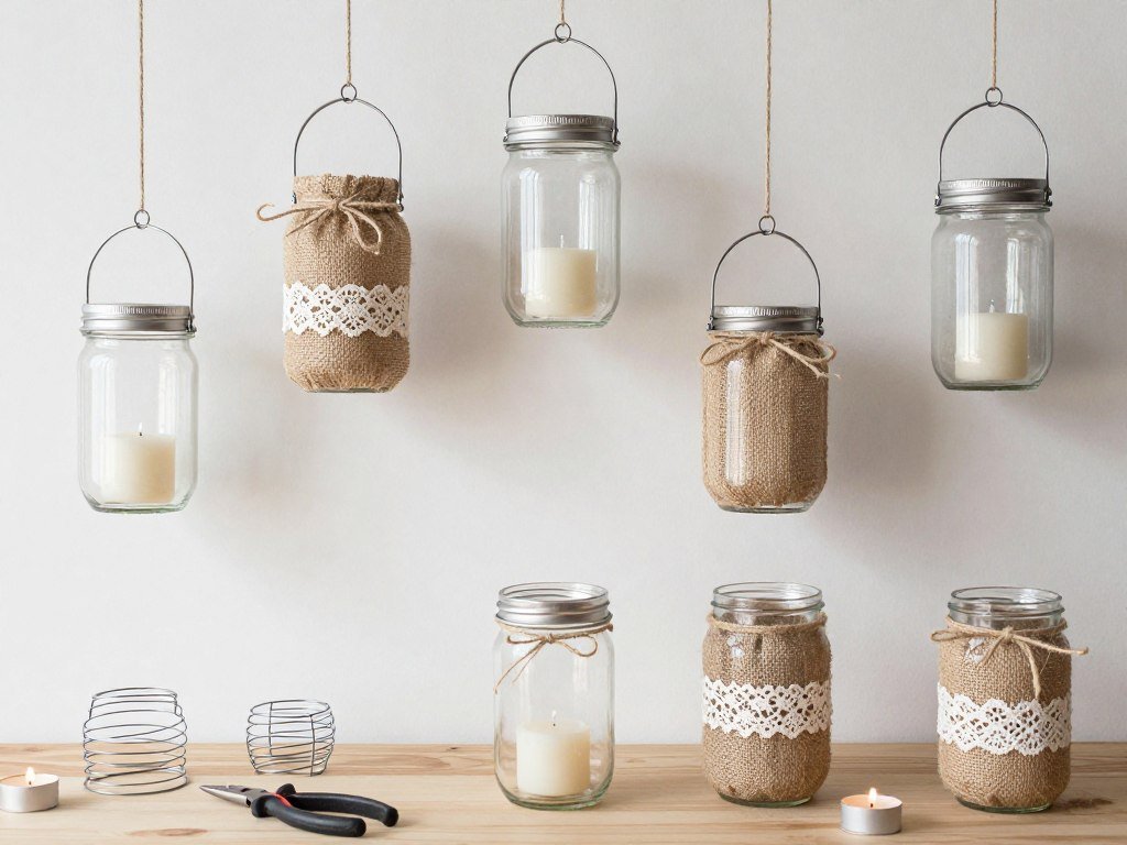 DIY hanging mason jar lanterns with candles and rustic accents