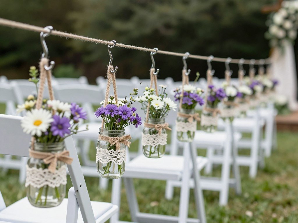 DIY mason jar aisle markers with flowers and ribbon