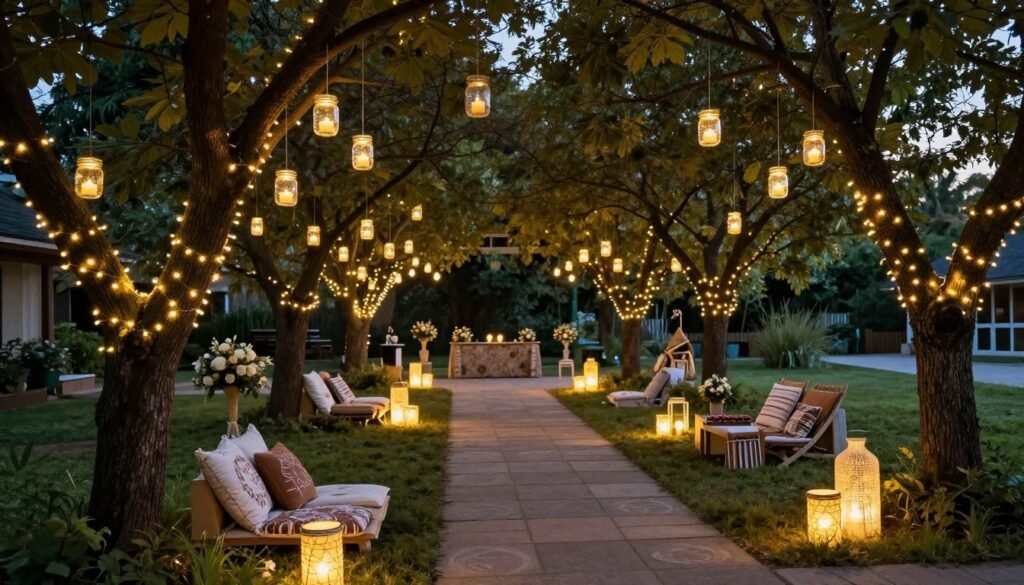 DIY outdoor wedding decorations including hanging installations in trees and pathway lighting