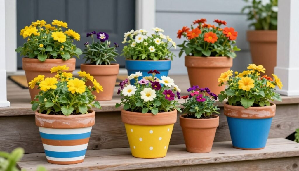 DIY painted terracotta pots with bright flowers on a simple porch