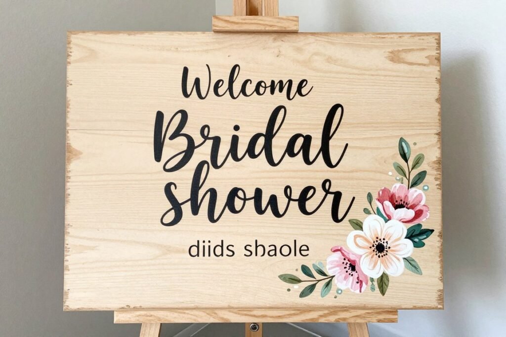 DIY painted welcome sign for bridal shower on wooden board