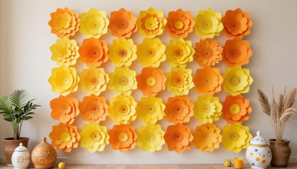 DIY paper flower backdrop for haldi ceremony