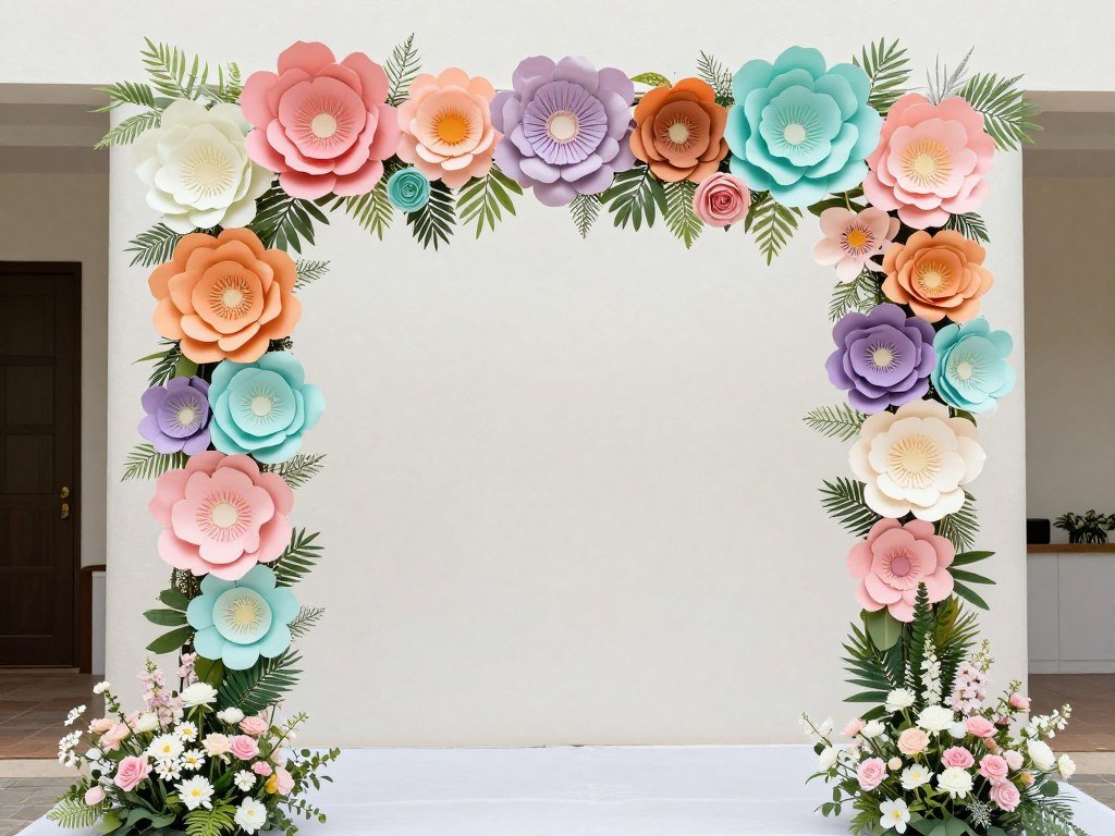 DIY paper flower wedding entrance arch in pastel colors