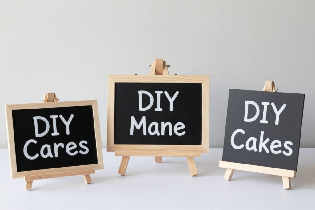 DIY personalized cake table signage with decorative frames, calligraphy, and themed elements
