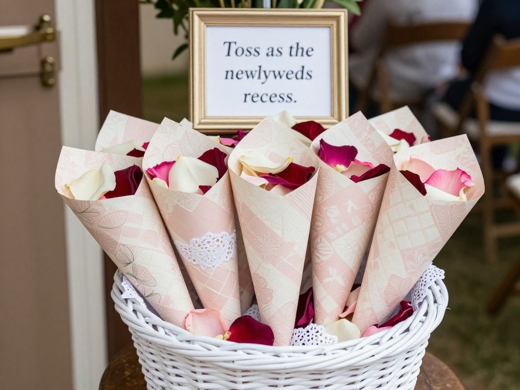 DIY petal cones in decorative paper with flower petals