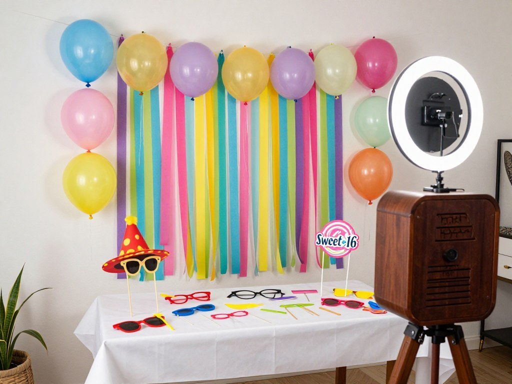 DIY photo booth setup for sweet 16 party at home with props