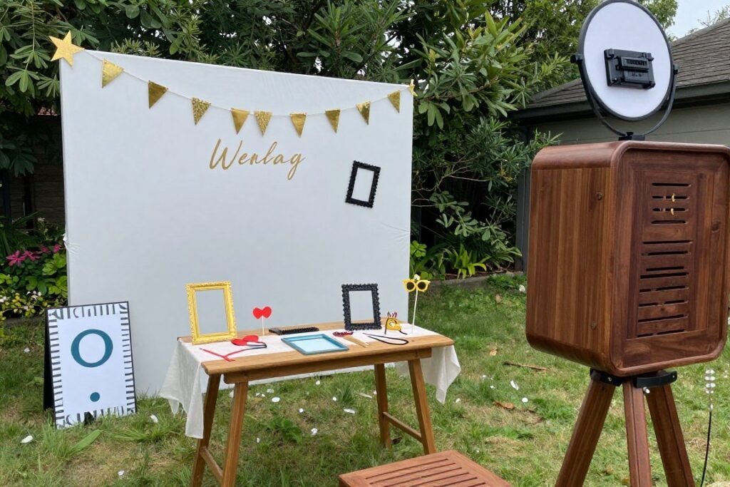 DIY photo booth with props for backyard wedding