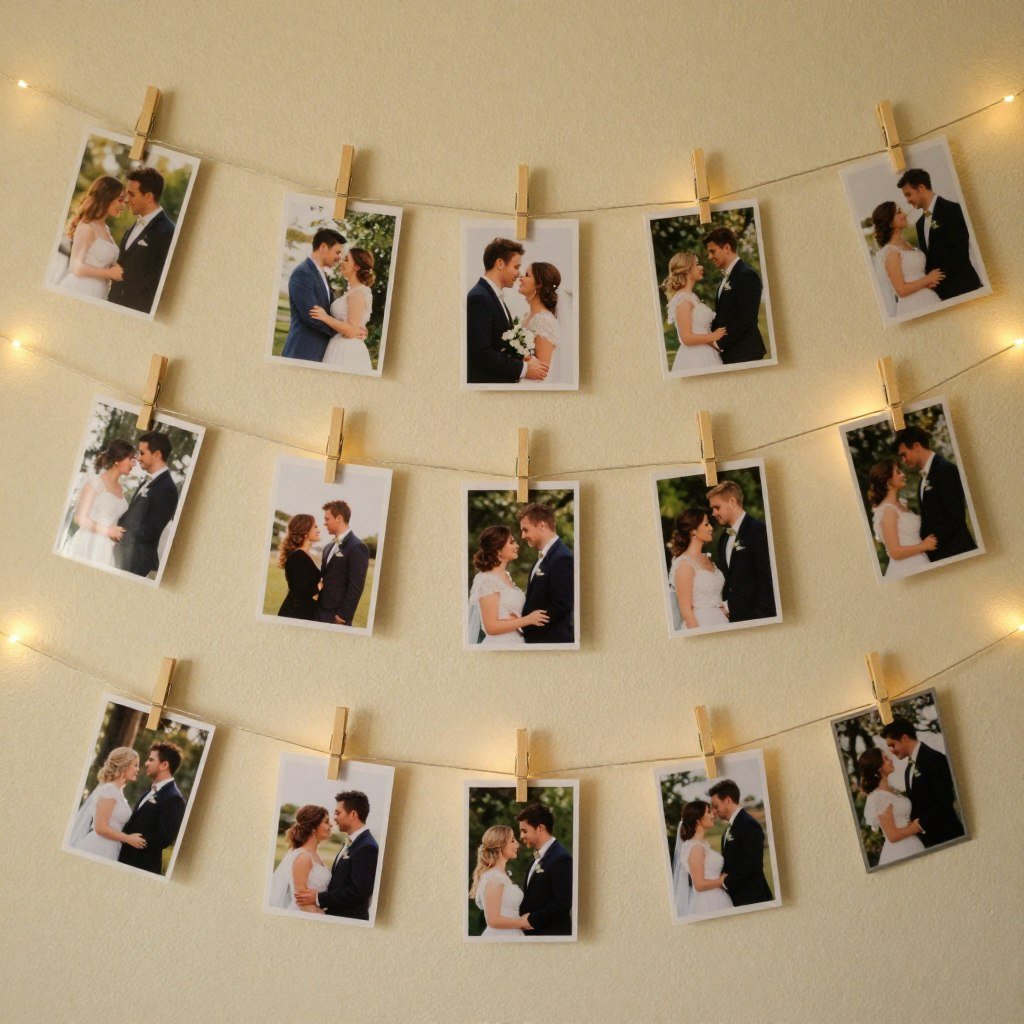 DIY photo display with string lights and clothespins