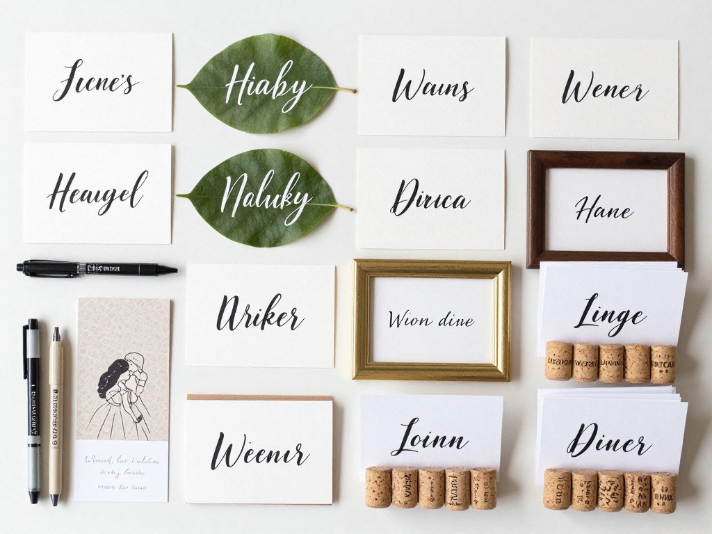 DIY place cards for rehearsal dinner using calligraphy, natural elements and personalized touches