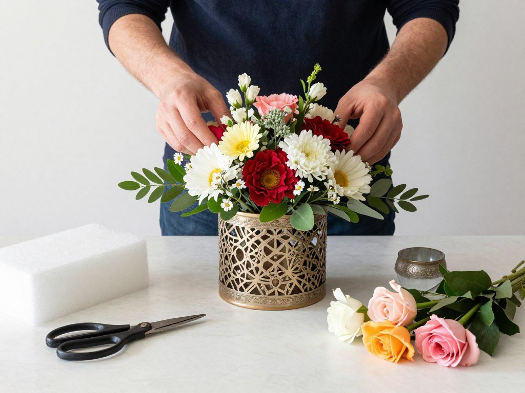 DIY rehearsal dinner centerpiece being assembled with flowers, container and decorative elements