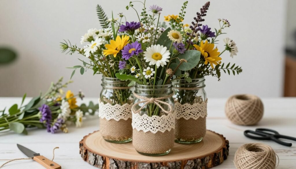 DIY rustic wedding centerpiece with mason jars, flowers, and wood slice