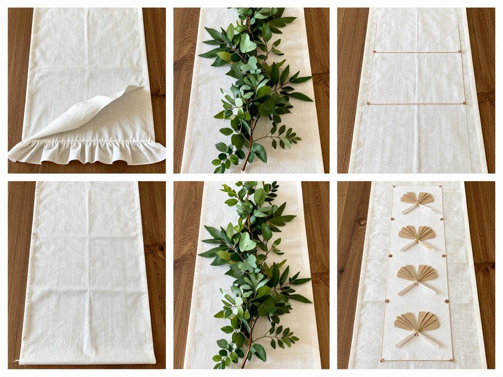 DIY table runners for rehearsal dinner in various styles and materials being created