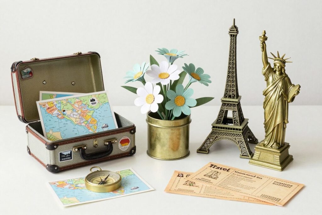 DIY themed props for cake table including vintage items, seasonal elements, and handcrafted decorations