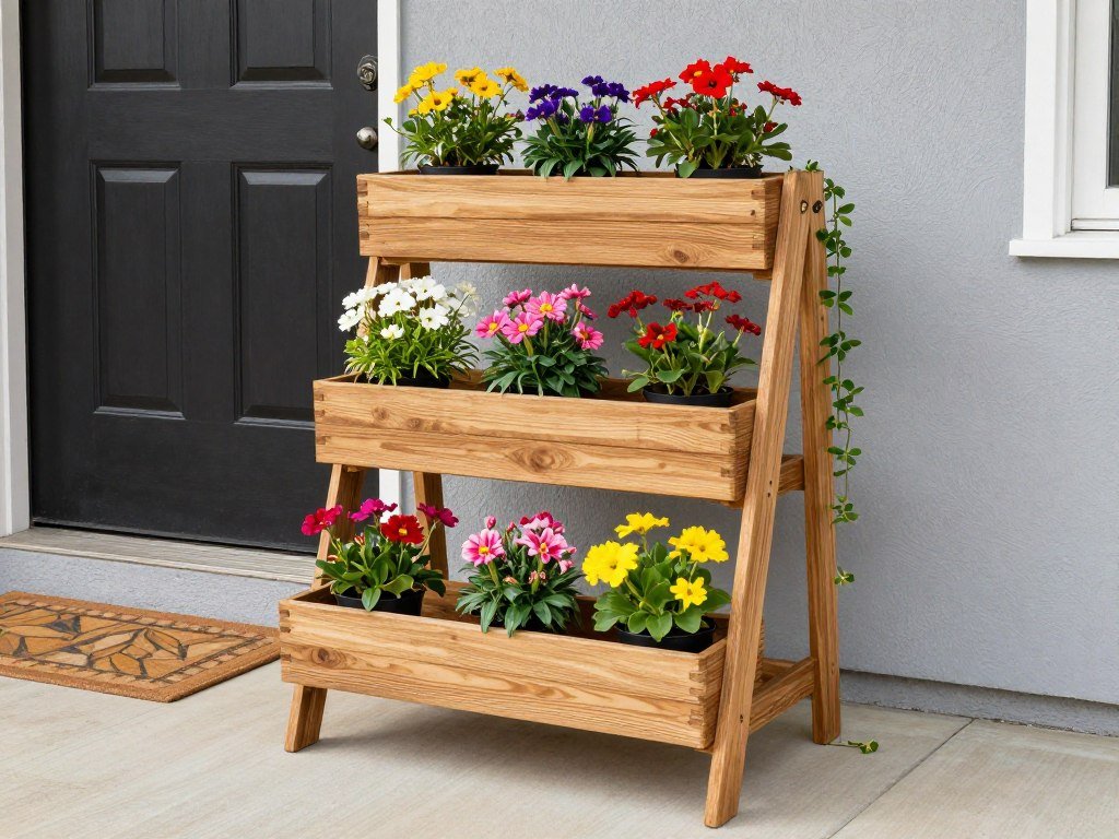DIY tiered planter stand with multiple pots of colorful flowers