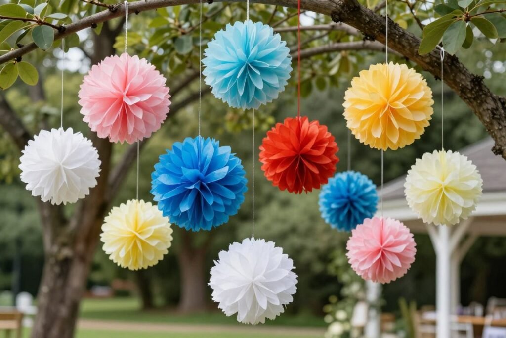 DIY tissue paper pom-poms for backyard wedding