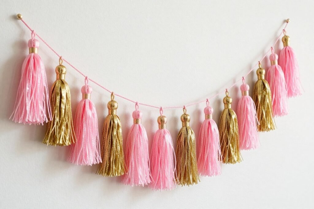 DIY tissue paper tassel garland in pink and gold DIY tissue paper tassel garland in pink and gold