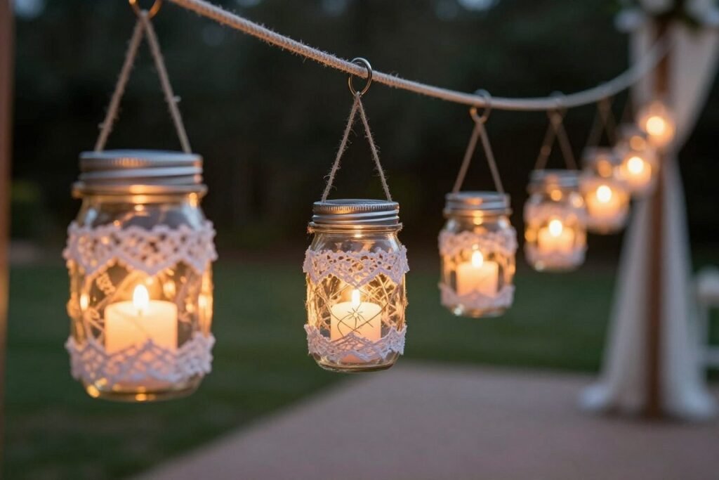 DIY wedding aisle decorations with mason jars transformed into hanging lanterns with candles inside