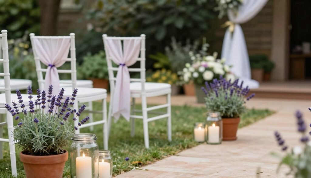 DIY wedding aisle decorations with potted plants and ribbon