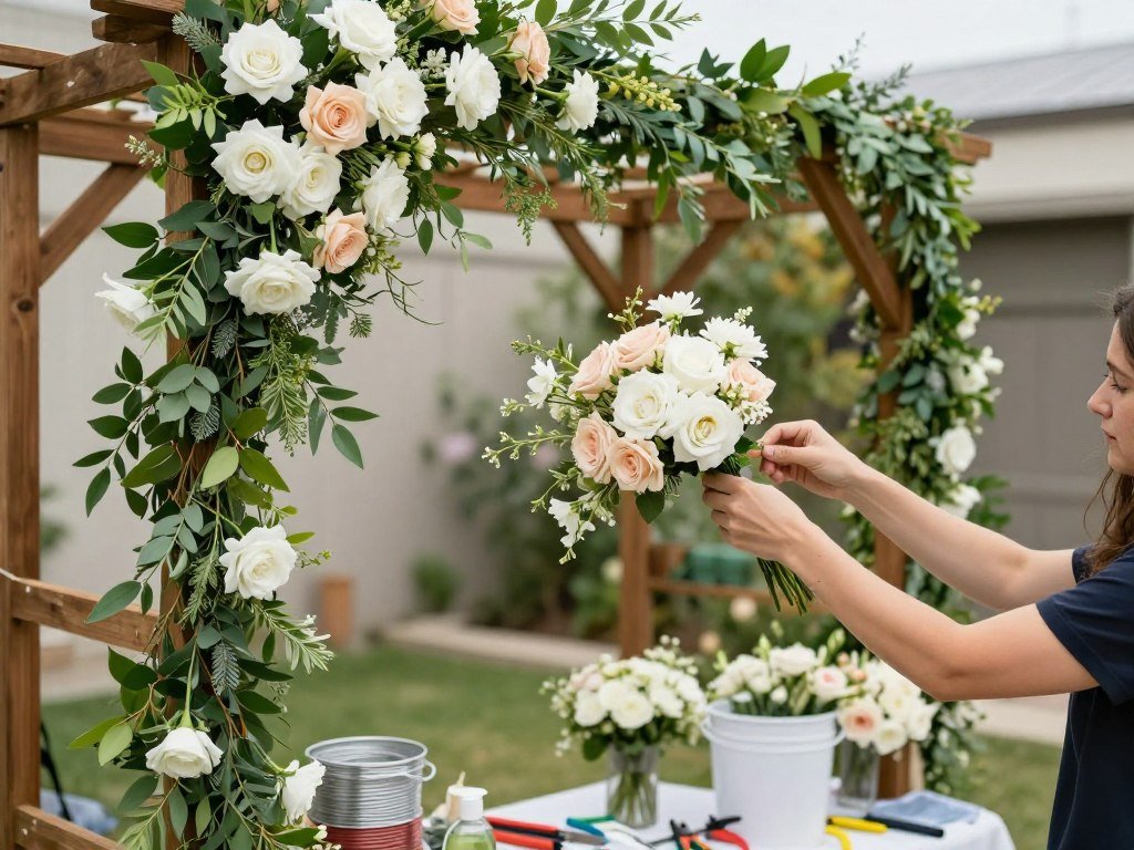 DIY wedding arch with floral decorations being assembled DIY wedding arch with floral decorations being assembled